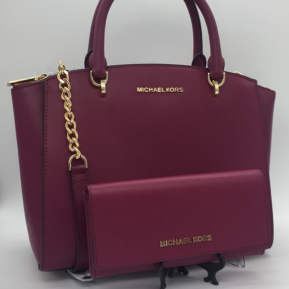 MICHAEL KORS ELLIS LG SATCHEL & LG WALLET MAGENTA - Picture 2 of 8